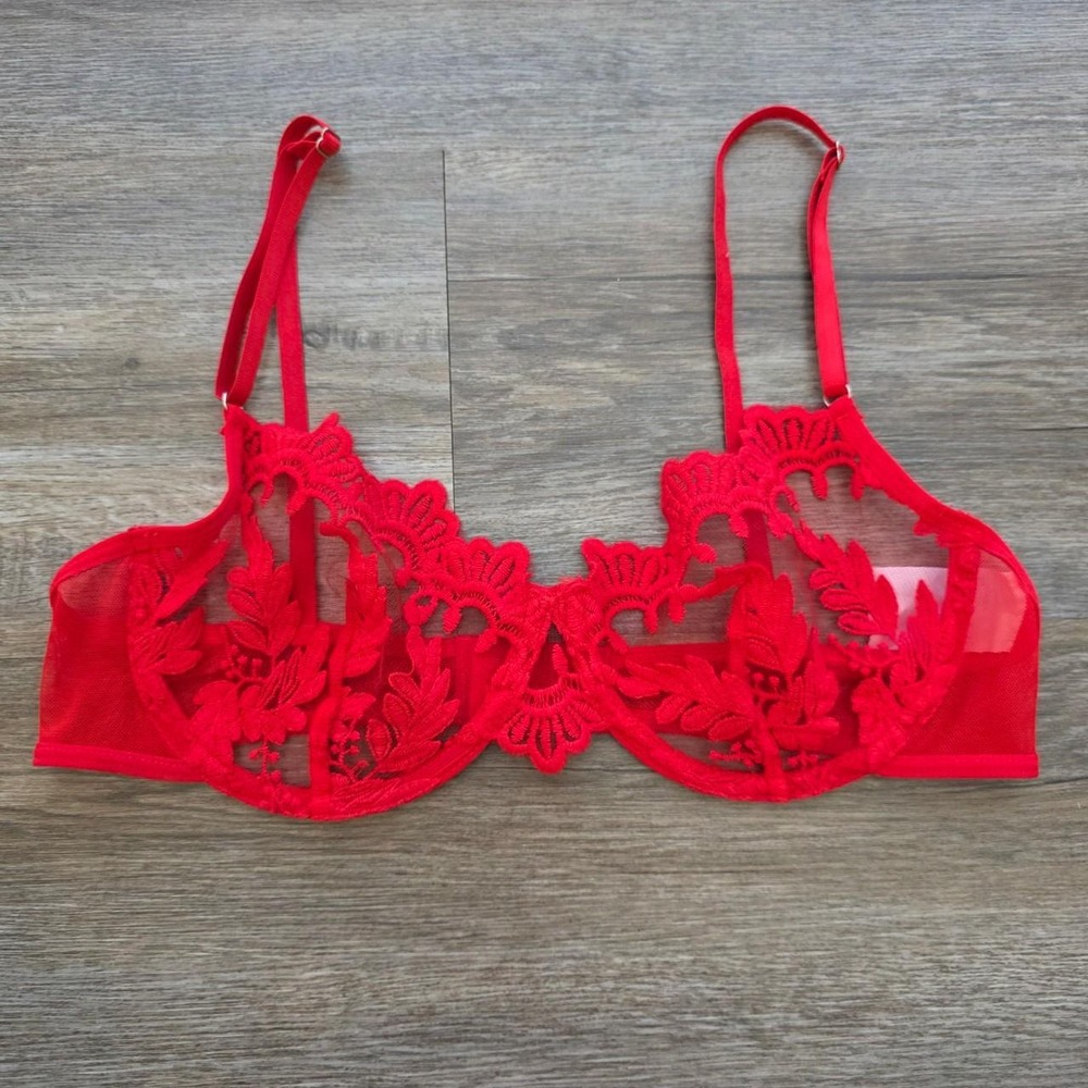 Boutique Red Sheer Mesh Floral Applique Unlined Balconette Bra Medium